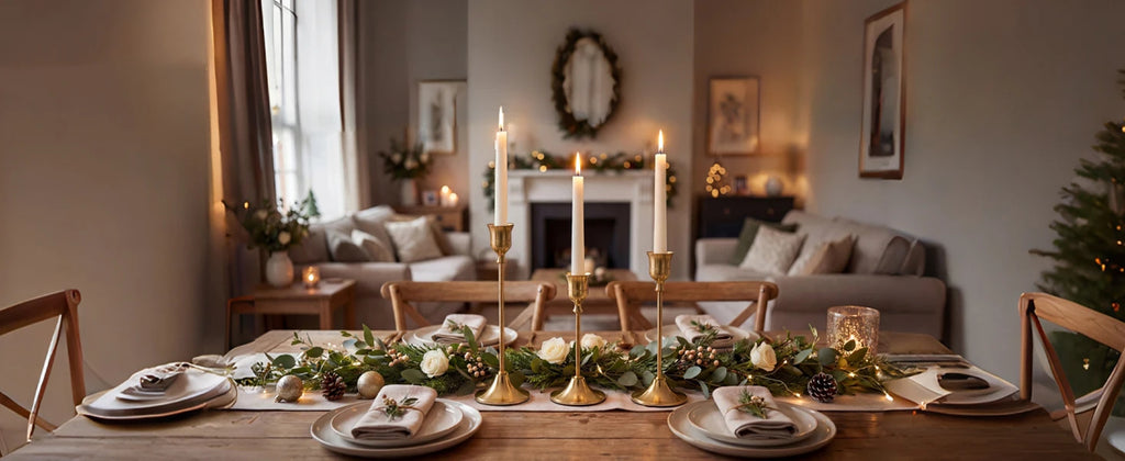 Dining room with a decorated table, candles, and Christmas tree.